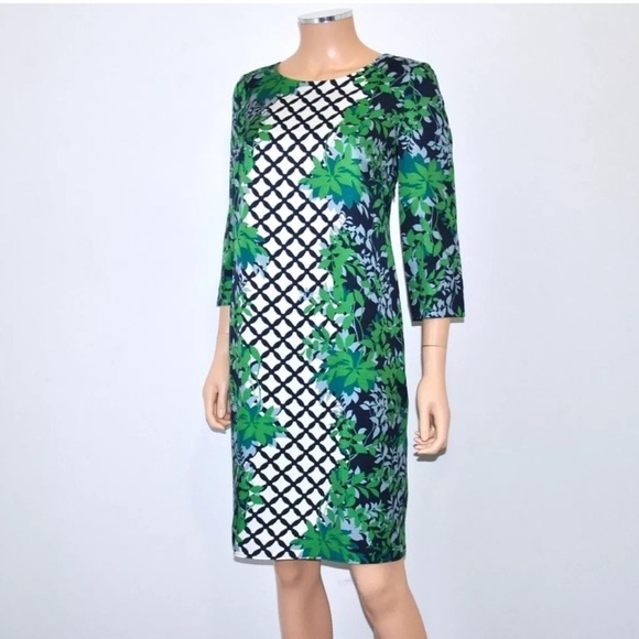 BODEN Floral Lattice Silk Blend Eliza Mini Dress Sz 10 Blue Green 3/4 Sleeve - Picture 2 of 12
